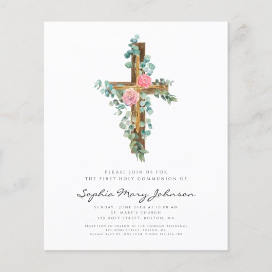 Begroting Religieuze Roze Floral Cross First Commu (Voorkant)