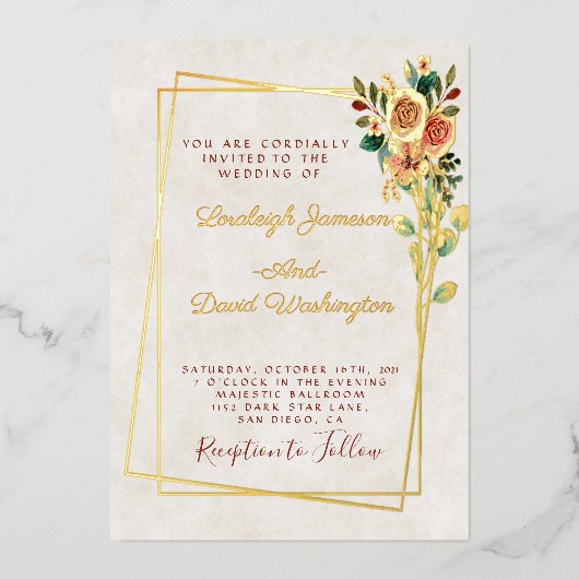 Begroting  roos en goudbruiloft folie uitnodiging (Voorkant)