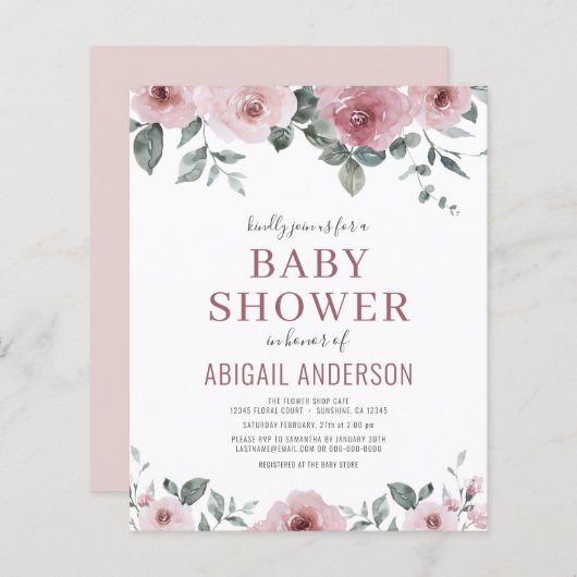 Begroting Roos Floral Baby shower uitnodiging (Voorkant / Achterkant)