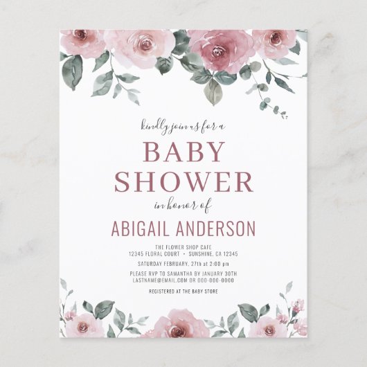 Begroting Roos Floral Baby shower uitnodiging Flyer (Voorkant)