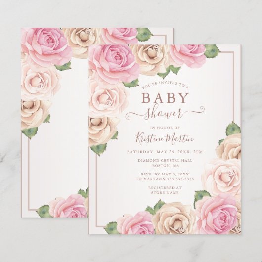 Begroting Roos Waterverf Floral Baby shower Uitnod (Voorkant / Achterkant)