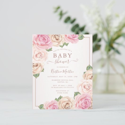 Begroting Roos Waterverf Floral Baby shower Uitnod (Staand voorkant)