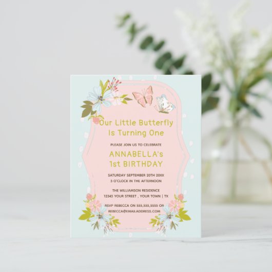 Begroting roze Boho Butterfly 1e verjaardag (Staand voorkant)