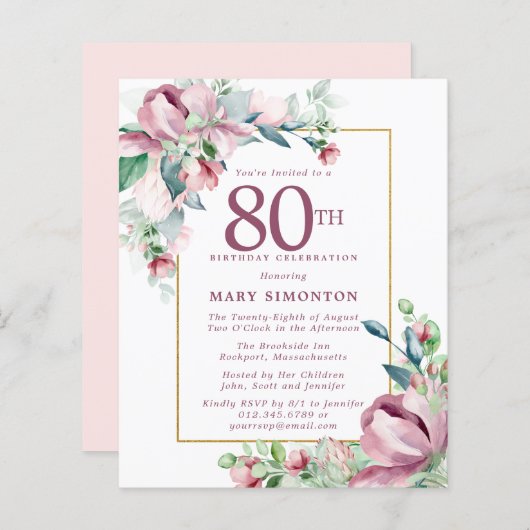 Begroting Roze Floral 80th Birthday Invitation (Voorkant / Achterkant)