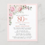 Begroting Roze Floral 80th Birthday Invitation<br><div class="desc">Zacht,  stomp roze lijst met een elegante roze roze roze roze roze roze roze florale toedieningsvorm in de linker bovenhoek. De 80ste is geschreven in een prachtige gouden textuur van het roos.  en vrouwelijk ontwerp.</div>