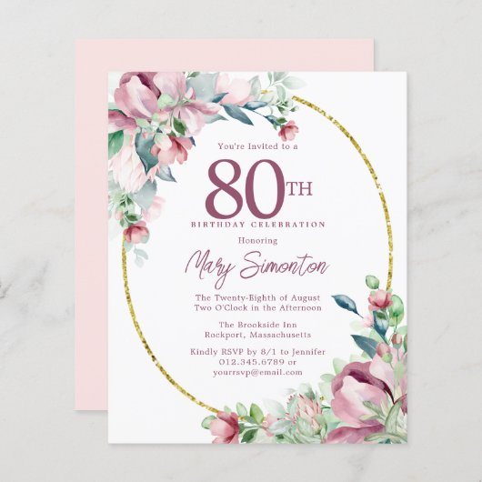 Begroting Roze Floral 80th Birthday Invitation (Voorkant / Achterkant)