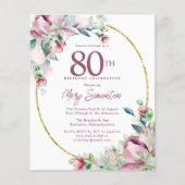 Begroting Roze Floral 80th Birthday Invitation (Voorkant)