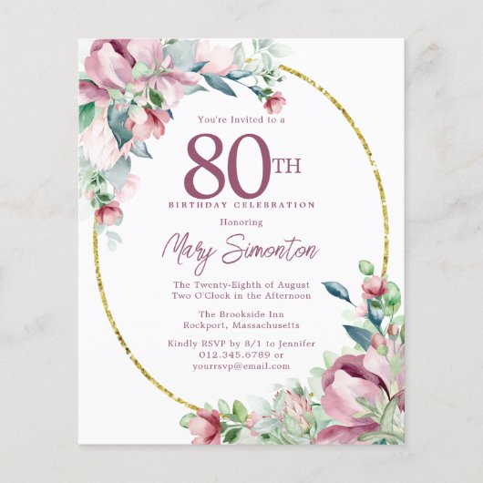 Begroting Roze Floral 80th Birthday Invitation (Voorkant)