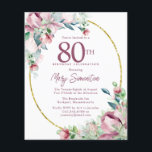 Begroting Roze Floral 80th Birthday Invitation<br><div class="desc">Elegante 80ste verjaardagsfeestuitnodiging sjabloon met een gouden lijst en twee arrangementen van blush roze rozen. Alle tekst kan worden bewerkt.</div>