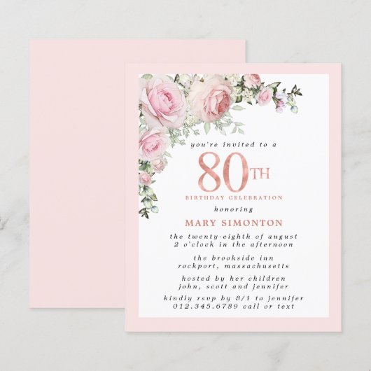 Begroting Roze Floral 80th Birthday Invitation (Voorkant / Achterkant)
