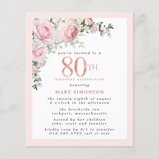 Begroting Roze Floral 80th Birthday Invitation (Voorkant)