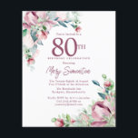 Begroting Roze Floral 80th Birthday Invitation<br><div class="desc">Elegante 80ste verjaardagsfeestuitnodiging sjabloon met een gouden lijst en twee arrangementen van blush roze rozen. Alle tekst kan worden bewerkt.</div>