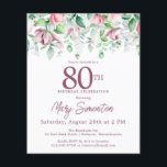 Begroting Roze Floral 80th Birthday Invitation<br><div class="desc">Elegante 80ste verjaardagsfeestuitnodiging sjabloon met een gouden lijst en twee arrangementen van blush roze rozen. Alle tekst kan worden bewerkt.</div>