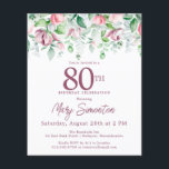 Begroting Roze Floral 80th Birthday Invitation<br><div class="desc">Elegante 80ste verjaardagsfeestuitnodiging sjabloon met een gouden lijst en twee arrangementen van blush roze rozen. Alle tekst kan worden bewerkt.</div>
