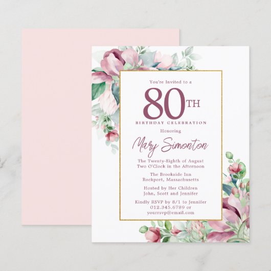 Begroting Roze Floral 80th Birthday Invitation (Voorkant / Achterkant)