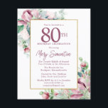 Begroting Roze Floral 80th Birthday Invitation<br><div class="desc">Elegante 80ste verjaardagsfeestuitnodiging sjabloon met een gouden lijst en twee arrangementen van blush roze rozen. Alle tekst kan worden bewerkt.</div>