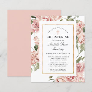 Begroting Roze Floral Cross Christening Uitnodigin