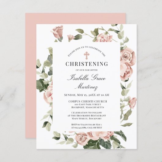 Begroting Roze Floral Cross Christening Uitnodigin (Voorkant / Achterkant)