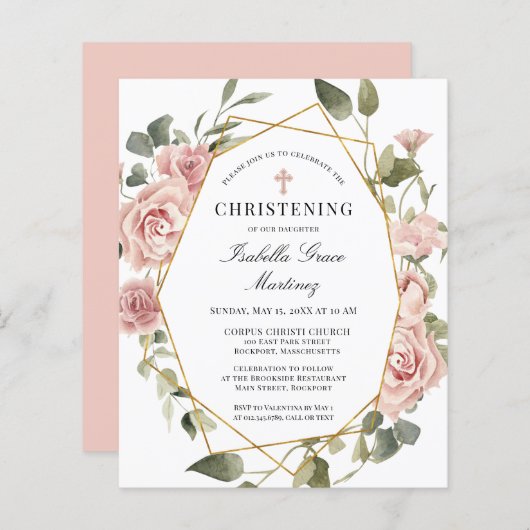 Begroting Roze Floral Cross Christening Uitnodigin (Voorkant / Achterkant)