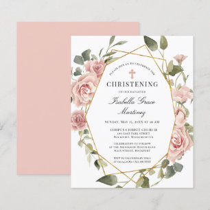 Begroting Roze Floral Cross Christening Uitnodigin