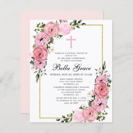 Begroting Roze Floral Eerste uitnodiging van de Ge (Voorkant / Achterkant)