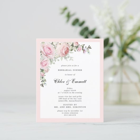 Begroting Roze Floral repetitie dinale uitnodiging (Staand voorkant)