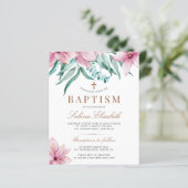 Begroting roze florale elegant baptisme-uitnodigin (Staand voorkant)
