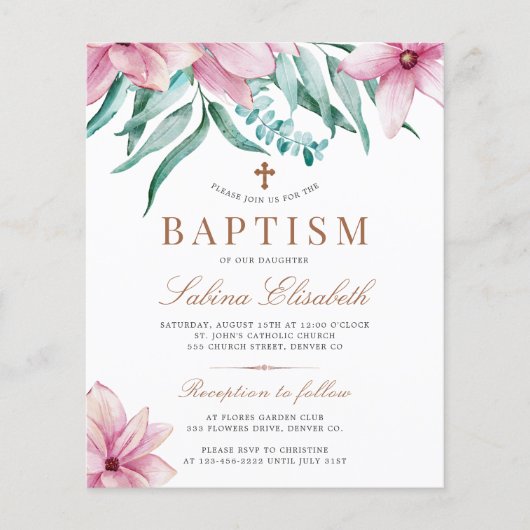 Begroting roze florale elegant baptisme-uitnodigin (Voorkant)