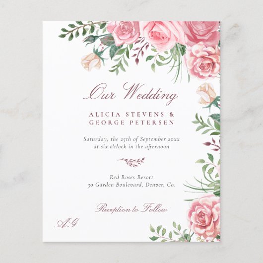 Begroting roze rozen elegante trouwuitnodiging flyer (Voorkant)