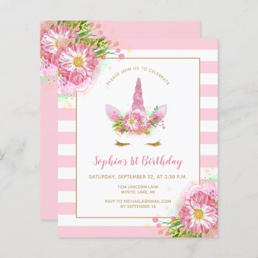 Begroting Roze Unicorn Girls - uitnodiging (Voorkant / Achterkant)