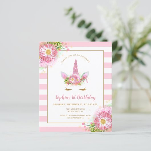 Begroting Roze Unicorn Girls - uitnodiging (Staand voorkant)