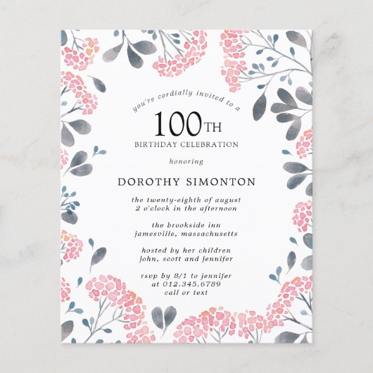 Begroting Roze Wilde Bloem 100th Birthday Uitnodig (Voorkant)