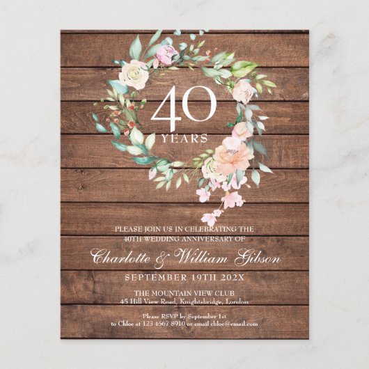 Begroting Rustic 40th Jubileum Ruby Floral Invite (Voorkant)
