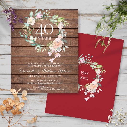 Begroting Rustic 40th Jubileum Ruby Floral Invite