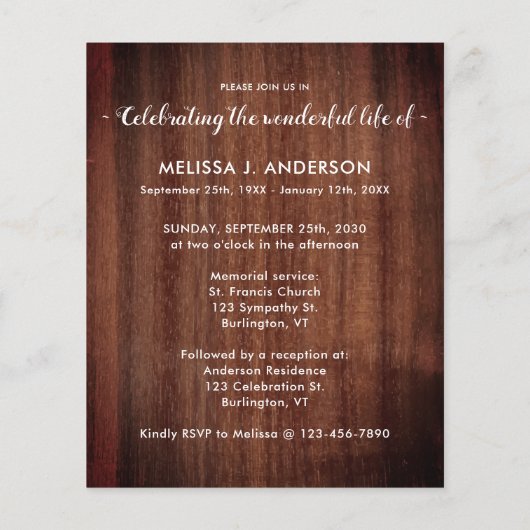 Begroting Rustic Celebration of Life Foto Memorial (Achterkant)