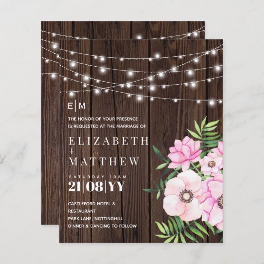 Begroting Rustic Wood Pink Flowers Wedding Invitae (Voorkant / Achterkant)