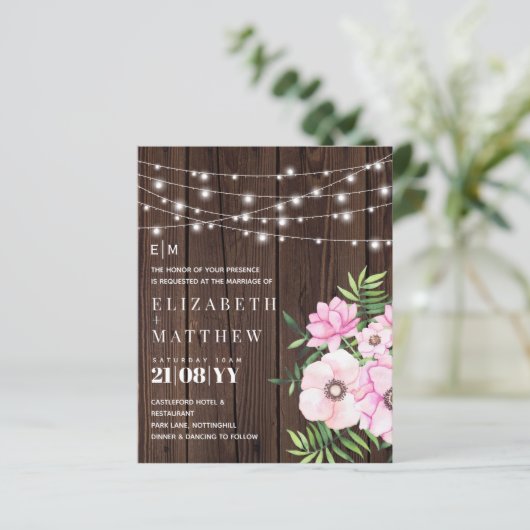 Begroting Rustic Wood Pink Flowers Wedding Invitae (Staand voorkant)