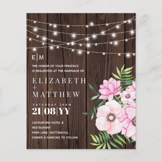 Begroting Rustic Wood Pink Flowers Wedding Invitae (Voorkant)