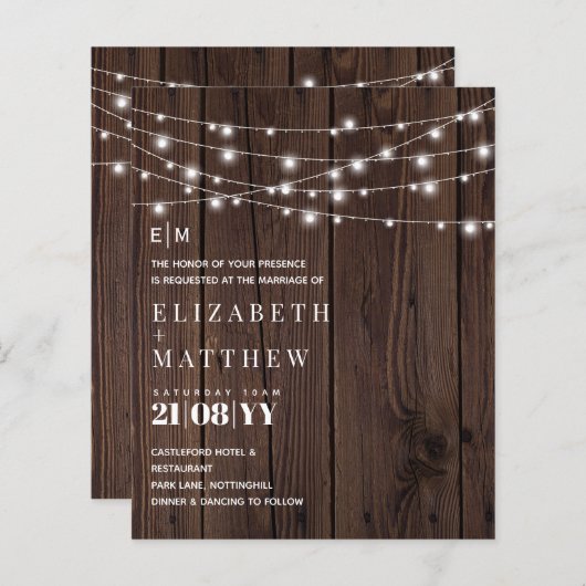 Begroting Rustic Wood Strings Lights Wedding Invit (Voorkant / Achterkant)