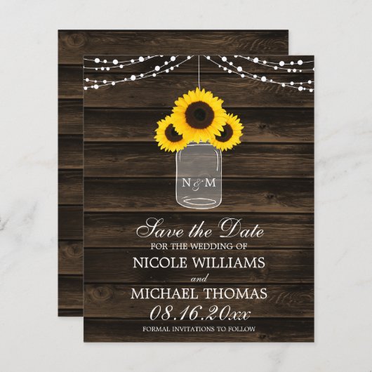 Begroting Rustige Sunflower Mason Jar Save the Dat (Voorkant / Achterkant)