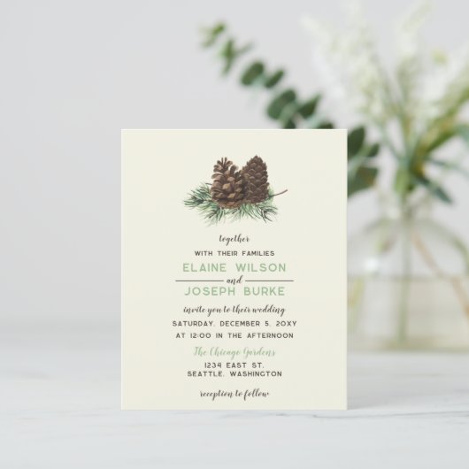 Begroting Rustige Winter Pine Cone Wedding Uitnodi (Staand voorkant)