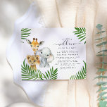 Begroting Safari Dieren Genderneutraal Baby shower<br><div class="desc">Een genderneutrale uitnodiging voor het baby shower. Dit ontwerp kenmerkt een waterverf olifant, giraffe en cheetah cub in groene palmbladeren. Uw douchedetails lijken rechts in moderne scripttypografie. Er staat: "Er is een beetje wild op weg!" Er is ook faux gouden confetti in de linker- en onderste rechterhoeken. Deze kaarten keren...</div>