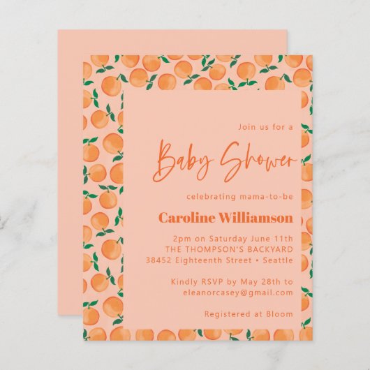 Begroting Sinaasappel Vruchtendverklaring Baby sho (Voorkant / Achterkant)