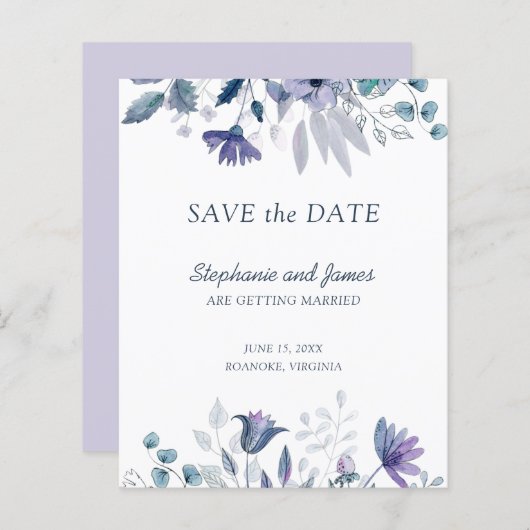 Begroting Stamblauw Paars Floral sla de Kaart Datu (Voorkant / Achterkant)