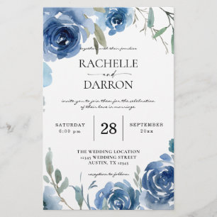 Begroting Stusty Blue & Blue Floral Wedding Large Flyer