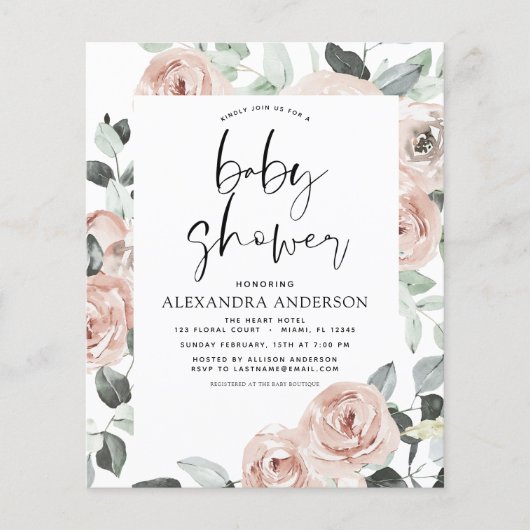 Begroting Stusty Pink Baby shower Floral Uitnodigi Flyer (Voorkant)