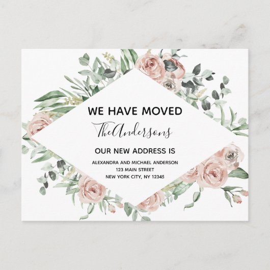 Begroting Stusty Pink Floral Moving Announge Briefkaart (Voorkant)
