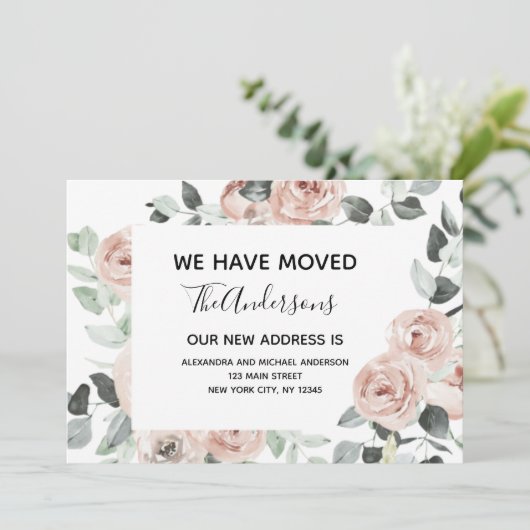 Begroting Stusty Pink Floral Moving Announge Kaart (Staand voorkant)