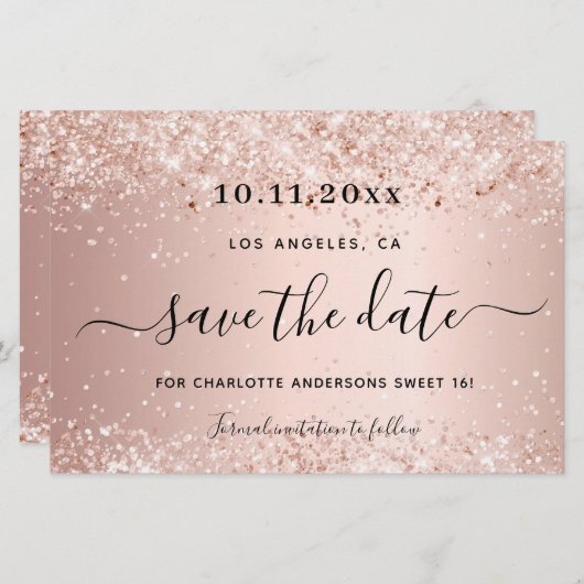 Begroting Sweet 16 roos goudglitter behalve datum (Voorkant / Achterkant)