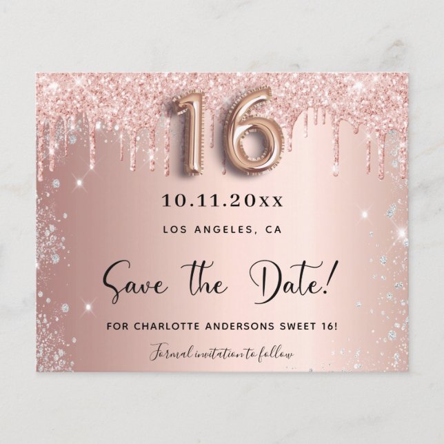 Begroting Sweet 16 roos goudglitter behalve datum (Voorkant)